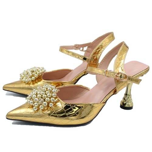 Women's Patent Leather Pearl Dress Wedding Kitten Heel Sandals Fashion Closed Pointed Toe Shallow Mouth Adjustable Ankle Strap High Heels for Business Paty Pumps
