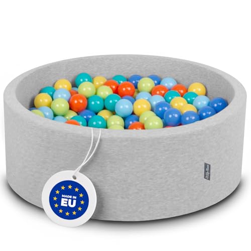 KiddyMoon Bällebad 90X30cm/200 Bälle ∅ 7Cm Bällepool Mit Bunten Bällen Für Babys Kinder Rund, Hellgrau:Helgrün/Orange/Türkis/Blau/Babyblau/Gelb