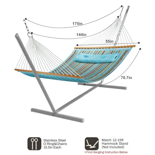Image of CHULIM 12 FT Double Quilted Fabric Hammock with Spreader Bars and Pillow 450 LBS Weight Capacity 2 Person Hammock for Outdoor Patio Backyard Poolside Blue Stripes