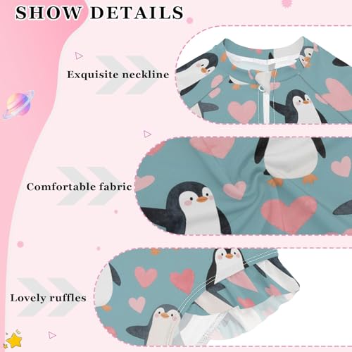 Cartoon Penguins and Love Pattern Girls Long Sleeve Swimsuit Rash Guard One Piece Bathing Suits Zipper 3-12T4