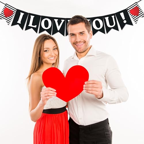 Image of Wobbox White & Black Line Pattern inchI Love You inch Bunting Banner for Anniversary, Pre-Wedding & Wedding, Love Banner for Decoration