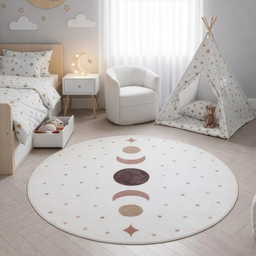 SIMPEX Alfombra Infantil Fases Lunares Redonda 160 cm para en Crema con Diseno Boho Ideal como Base de Juego y Descanso diseño detallado para Jugar y Aprender Superficie Suave