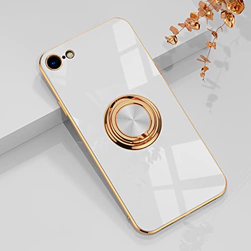 aowner for iPhone SE 3/SE 2/iPhone 8/7 Ring Holder Case Shiny Plating Rose Gold Edge with 360 Degree Rotation Kickstand for Women Girls Slim Soft Flexible TPU Protective Cover Case, 4.7 Inch, White