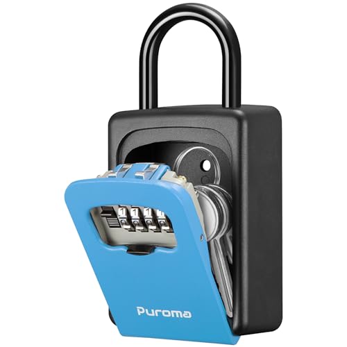 Image of Puroma Large Key Lock Box With Resettable Combination Code, Portable Wall Mount Waterproof Security Safe for Outside, Outdoor Home Office Door Handle House Key, Blue (1 Pack)