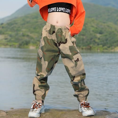 Image of Rolanko Girls Cargo Pants for Kids Loose Streetwear Hip Hop Dance Cotton Cargo Jogger Pants for Kids 4-15 Years