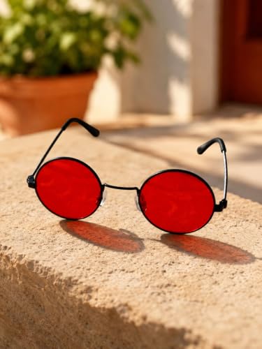 Image of BookMyCostume Kids Round Red Sunglasses - Circular Sunshades for Boys and Girls - Fashion Summer Outdoor Eyewear Accessory for Birthday, Photo Shoots, and Fancy Dress | Aged 2 to 8 Years