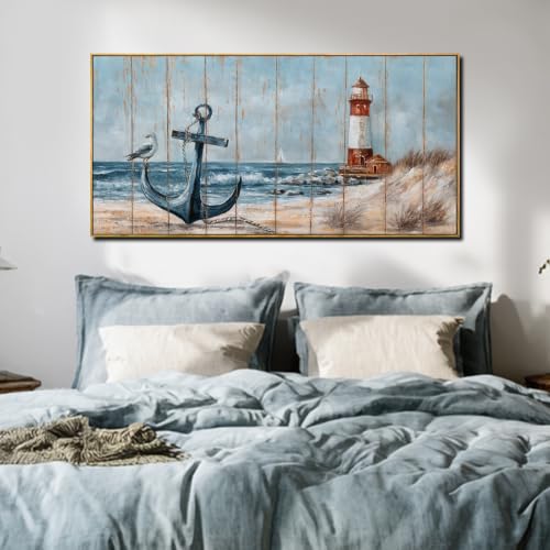 Image of VAYIMDH Lighthouse Canvas Prints Wall Art,Ocean Landscape Coastal Beach View Wall Decor,Modern Blue Artwork Bird Pictures for Home Office Bedroom Decor 24 inchx48 inch
