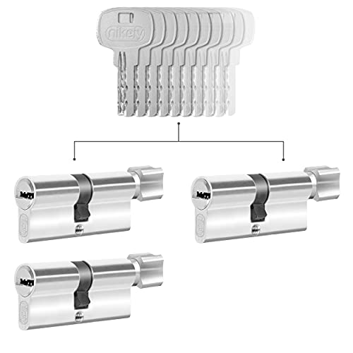 GERCAR Lot de 3 cylindres à bouton à fermeture identique, 3 cylindres de serrure 30/30, avec 15 clés - Serrures de porte à cylindre avec fonction N+G - Longueur : 60 mm - A : 30, B : 30