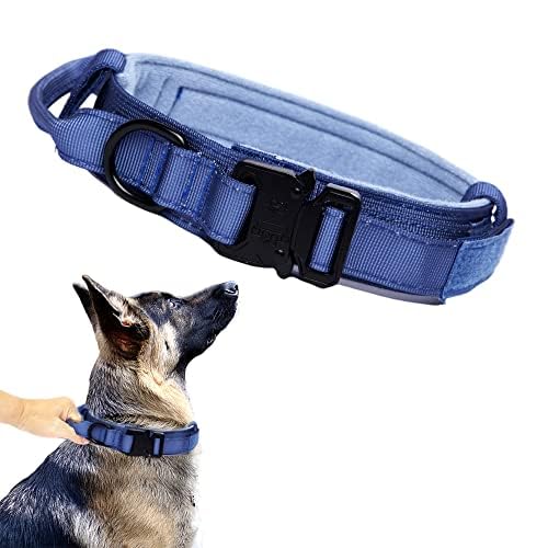 Image of Tactical Military Dog Collar - Adjustable Nylon, Heavy Duty Metal Buckle With Handle for Training (Dark Blue, XXL)
