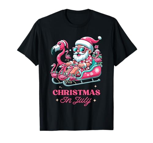 Funny Christmas in July Summer Santa Flamingo Sleigh Xmas T-Shirt
