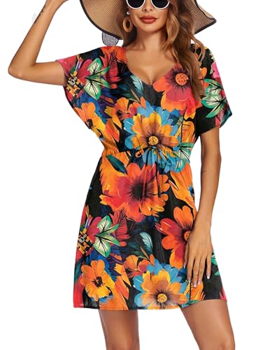 Image of Ekouaer Womens Swimsuit Coverup Short Sleeve Beach Cover Up Dress V Neck Bikini Beachwear