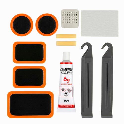 CABLEPELADO   Kit de Reparación de Pinchazos (12 Piezas) | Set de Parches para Cámaras con Pegamento y Lija | Válido para Neumáticos de Bicicleta y Moto