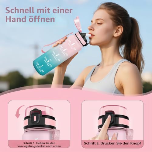 HoneyHolly Trinkflasche 1L, Auslaufsicher, Trinkflasche Kohlensäure Geeignet, Wasserflasche BPA-Frei, Sportflasche mit Strohhalm… – Ansicht 3