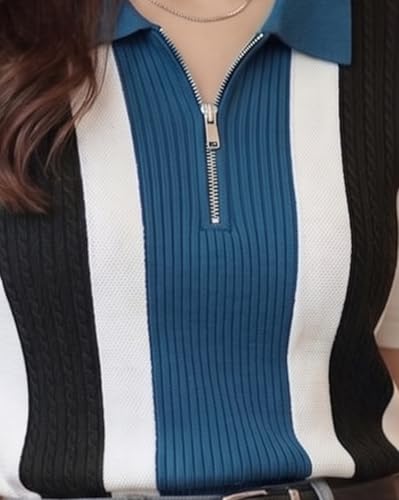 Image of AUSK Women's Casual Summer Polo Knit T-Shirt | Zip Collar Top | Half Sleeves | Ribbed Panel Design | Lightweight Comfort | Regular Fit
