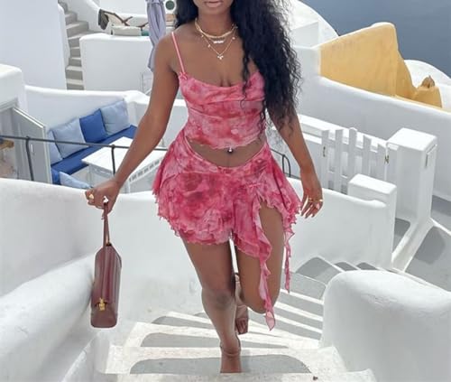 Xuan2Xuan3 Women's 2 Piece Summer Vacation Outfits Beach Spaghetti Strap Tops Split Mini Skirt Set4