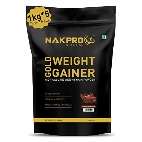 Image of NAKPRO GOLD WEIGHT GAINER | 12g Protein, 80g Carbs | Added Vitamins, Minerals & Digestive Enzymes | Easy Mixing, Easy Digesting Weight Gainer Powder for Men & Women | 5 Kg Double Rich Chocolate Flavour