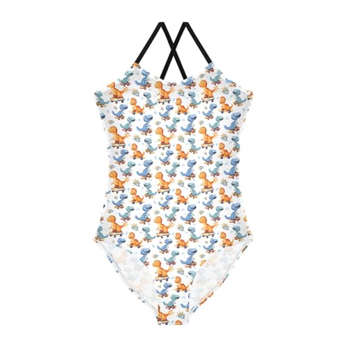 senya Girls Swimsuits One-Piece Swimwear Tie Bathing Suit Beach Summer Round Neck 7-8T Dinosaur Skateboard Pattern