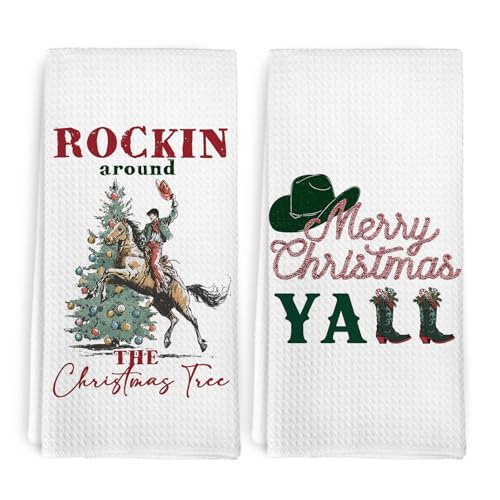 cvjutf Western Cowboy Christmas Tree Hand Towels Decor Decorations, Rockin Around The Christmas Tree Dish Towel, Merry Christmas Yall Western Hand Tea Towels for Bathroom Kitchen Room Decor, 16x24 in