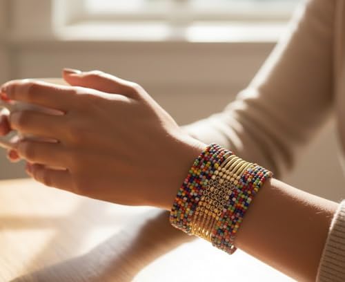 Image of Touchstone Indian Colorful Bead Bracelet Bollywood Beaten Metal Beads Openable Broad Cuff Bracelet in Gold or White Tone for Women.