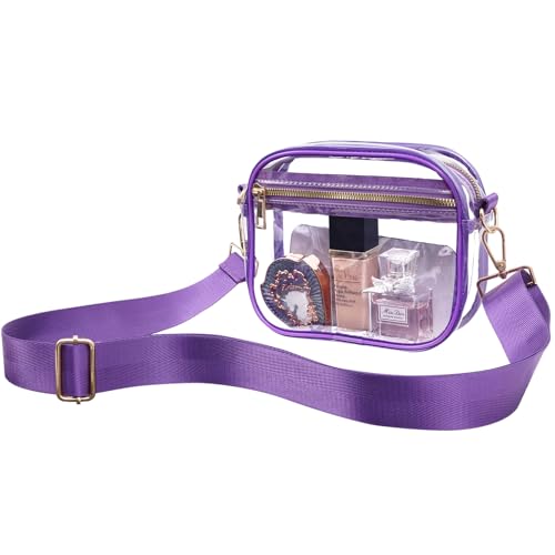 Fibrdoo Clear Bag Stadium Approved, Leather Clear Crossbody Purse Bag for Concerts Sports Events Festivals (Clear Purple)