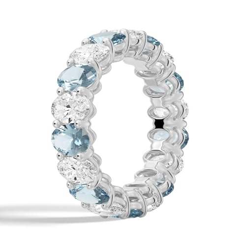 MSBLUE 6.6ct Lab Grown White Sapphire and Aquamarine Eternity Band, 14K White Gold Vermeil Wedding Ring, Rhodium Finish3