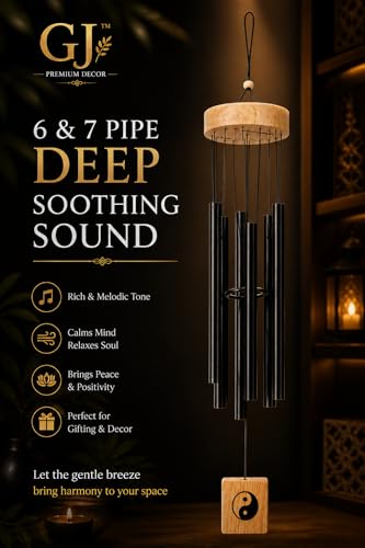 Image of GJ Premium Wooden Wind Chimes for Home & Office | 7 Pipe Metal Rod Wind Chimes with Wooden Top 16-24 CM Tubes | Soothing Sound, Positive Energy for Balcony, Entrance & Garden (Black1)