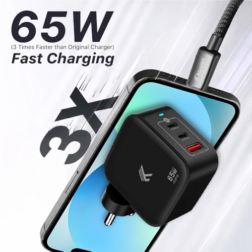 Image of KARWAN Original 65W GaN Charger Multi Port Adapter for Laptops (Dell,HP,ASUS,Samsung) MacBook, iPhone, Android Smartphones & More, 3 Port Compact Superfast Charger with GaN, QC 3.0 & PD-3.1 Technology