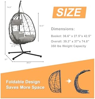Hanging Egg Chair with Stand Egg Chair Indoor Outdoor, Patio Swing Hammock Egg Chairs, UV Resistant Removable & Washable Thicken Padded Cushions, 350LBS Capacity for Bedroom, Balcony, Garden