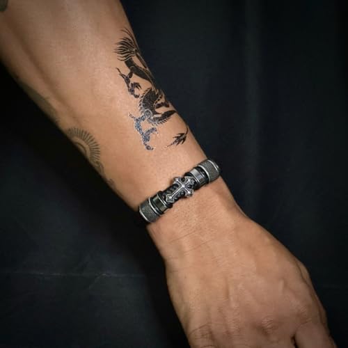 Image of THE MEN THING Leather Bracelet for Men - American Style Genuine Leather Multi-Layer Braided Bracelet with 100% Stainless Steel Magnetic Buckle for Men & Boys (8 inch)