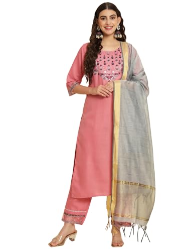 Image of VredeVogel Women's Cotton Blend Kurta Pant Set with Chanderi Silk Dupatta