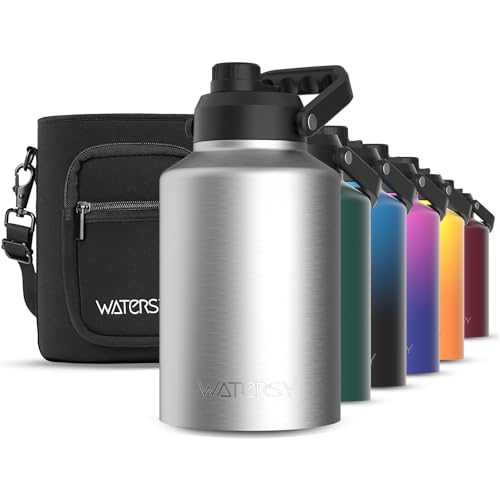 WATERSY Botella de agua de 1 galón aislada (fría durante 48 horas), sin BPA y a prueba de fugas, jarra de agua de acero inoxidable de 128 onzas, termo grande, botella de agua grande con asa para
