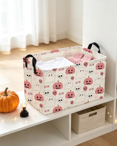 Image of Essme Rectangular Halloween Baskets,Pink Storage Box,Cute Basket for Kids Room Decor, Book Bins,Shelf Basket.(Pink Halloween