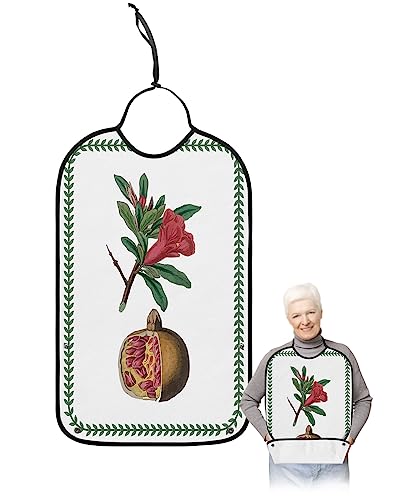 Spring Floral Pomegranate Adult Bibs for Eating, Waterproof Bibs with Food Catcher & Adjustable Snap Closure, Green Tropical Leaves Rustic Washable Clothing Protectors Adult Bibs for Elderly Women/Men