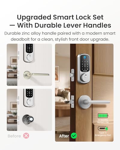 Image of DESLOC B200 Fingerprint Smart Lock with 2 Lever Handles, Keyless Entry Front Door Lock Set, Electronic Keypad Deadbolt, App Control, Auto Lock, Long Battery Life,Silver