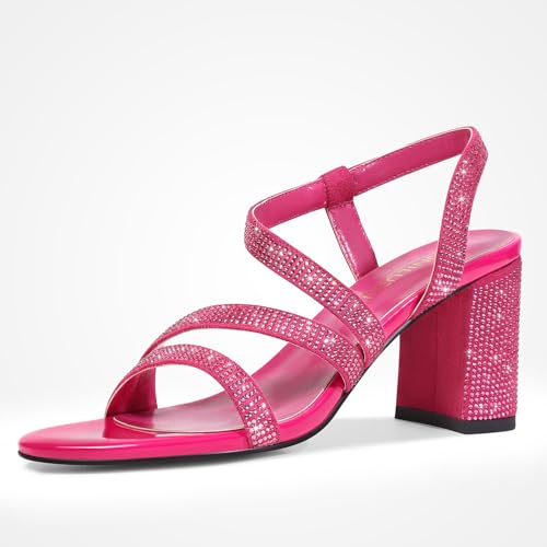 Image of Heels For Women Heeled Sandals High Chunky Heels Strappy Open Toe Rhinestone Round Toe Comfortable Sparkly Dress Wedding Shoes Bridal Prom