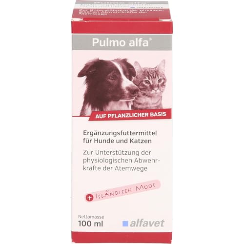 Alfavet Pulmo alfa | 100 ml | Flüssiges Ergänzungsfuttermittel für Hunde und Katzen | Zur Unterstützung der Atemwege | Mit pflanzlichen Substanzen und natürlichen Aromastoffen