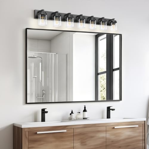 Image of Black Bathroom Light Fixtures, 7 Lights Bathroom Lighting Fixtures Over Mirror, Square Design & Rectangle Large Backplate, Modern Vanity Lighting Fixtures, for Bathroom /Living Room /Bedroom