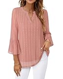 Timeson 3/4 Length Sleeve Womens Tops: Business Casual - Ladies Dress Shirts - Womens Dressy Blouses for Office Work Elegant Formal Outfits Sheer Tunics Tops for Leggings Evening Party Attire Pink L
