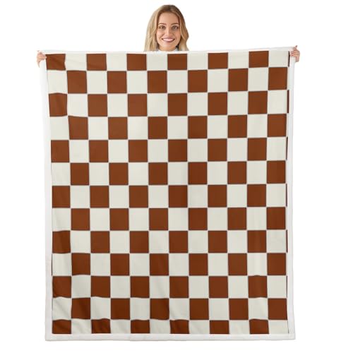 Image of Erosebridal Plaid Throw Blanket 40 inchX50 inch Beige Caramel Brown Checkerboard Sherpa Blanket Geometric Checkered Fleece Bed Blanket for Kids Boys Girls, Aesthetic Grid Flannel Blanket