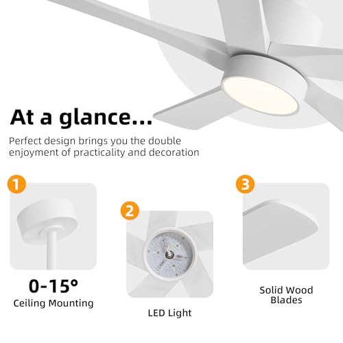 Image of WINGBO 48 Inch DC Ceiling Fan with Lights and Remote Control, 5 Carved Solid Wood Blades, 6-Speed Noiseless Reversible DC Motor, Indoor Ceiling Fan in Gloss White Finish with White Blades