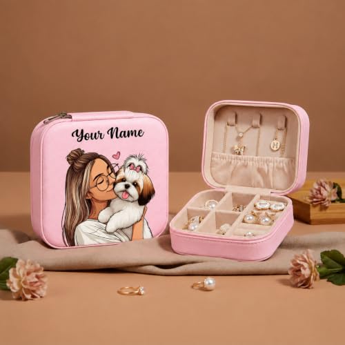 Image of PRIMIT Personalized Jewelry Box with Name & Birth Flower - Custom Travel Jewelry Organizer Case - Bridesmaid, Birthday, Christmas Gift for Women & Girls (Pet Snuggles)