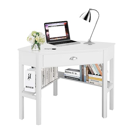 SILKYDRY Corner Computer Desk, Space-Saving Table With Drawer & Shelves, Home Office 90 Triangle Workstation, Modern Makeup Vanity, Small Desk for Small Spaces (White)