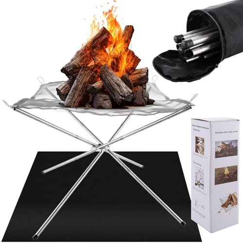 AKOLAFE Portable Fire Pit for Camping, 22x22x17 in Outdoor Fire Pit Large Folding Camping Firepit Stainless Steel Fire Rack with Fire Mat for Camping, BBQ, Backyard, Patio, Garden