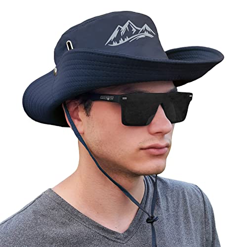 Mountain Sun Hat for Outdoor Adventure Vented Wide Brim Boonie Hat with Adjustable Fit Safari Cap Hiking Fishing Gardening Navy Blue