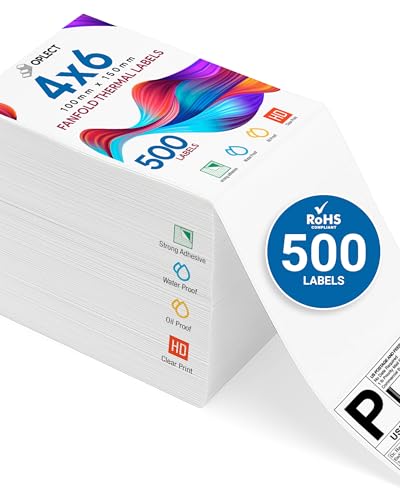500 Unit Fanfold 4x6 Direct Thermal Shipping Labels - BPA-Free, Smudge-Resistant, Strong Adhesive - Compatible with MUNBYN, Rollo, Zebra Printers - Works with UPS, USPS, FedEx, Amazon FBA