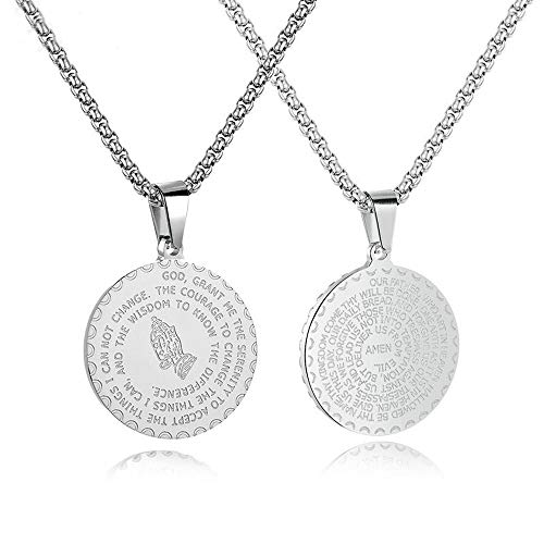 Bible Verse Prayer Necklace Free Chain Christian Jewelry Stainless Steel Praying Hands Coin Medal Pendant for Women/Men(Send Gift Box) ¡­
