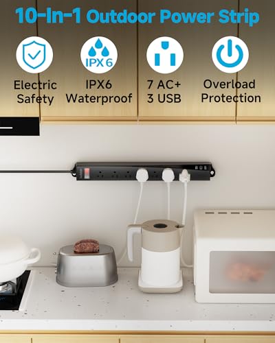 Image of Outdoor Power Strip Weatherproof IPX6,1625W /13A 6 Ft Extension Cord with Multiple Outlets,7 AC & 3 USB, Wall Mount for Camping,Poolside,Garden,Workshop