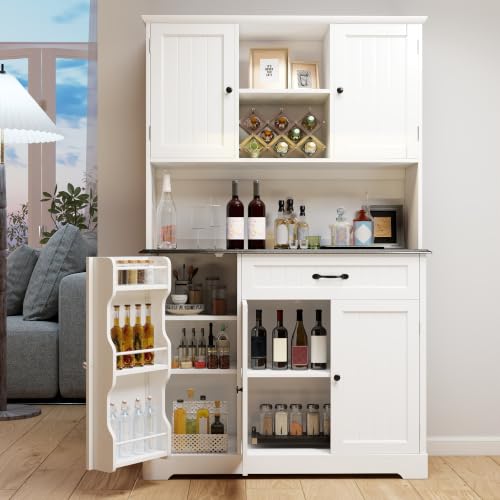 Image of Gizoon Kitchen Pantry Cabinet with Microwave Shelf Tall Coffee Bar Cabinet with Doors and Shelves Farmhouse Kitchen Hutch with Storage for Dining Room and Craft Room, Painted White and Black