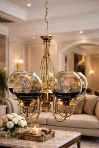 Image of Weldecor Golden Metal Chandelier /Jhumar Light, 5 Glass Hanging Pendant lamp Ceiling Lights, Luxury Modern Vintage Decorative Lighting for Dining Room, Living Room, Hall & Home Interior