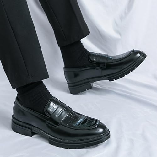 Men's Leather Printed Chunky Platform Penny Loafers Luxury Round Toe Slip-On Lug Sole Office Business Dress Shoes Daily Non-Slip Low Block Heel Casual Shoes4